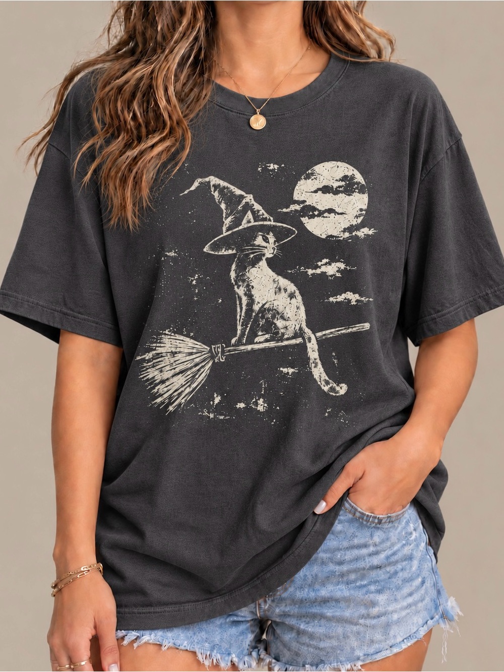 Charcoal Witchy Black Cat Broom Spooky Fall Aesthetic Womens Reprint Tee Shirt - Picture 2 of 4